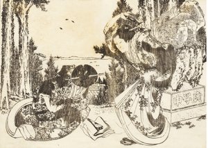 Una mujer mayor golpea a otra mujer con su zapato de Katsushika Hokusai